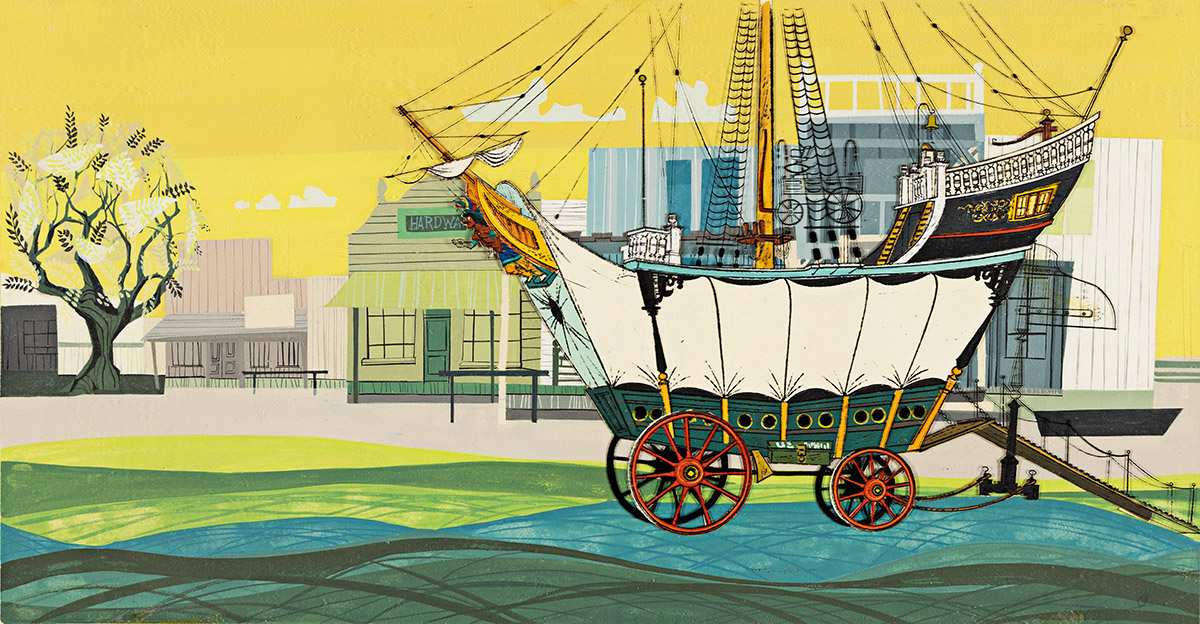 WALT PEREGOY (DISNEY) Western-themed animation background concept and cel setup for The Saga of Windwagon Smith.